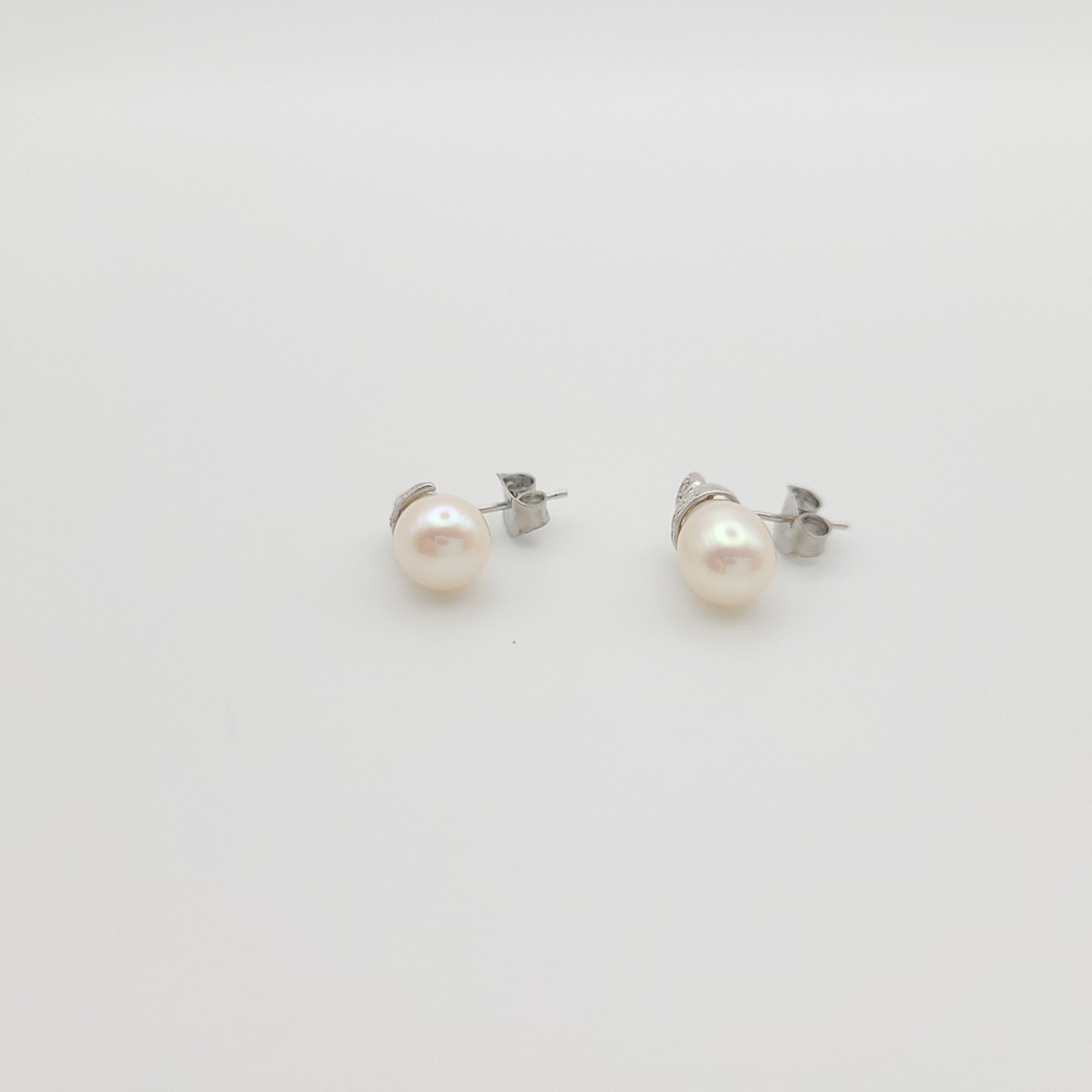 Freshwater Pearl Stud Earrings Silver CZ Accent Classic Bridal Style - Picture 4 of 8